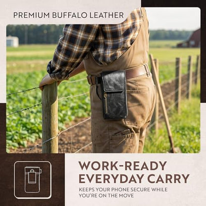 Moonster Leather Phone Holster – Genuine Full-Grain Leather for iPhone 17/16/15/14 Pro Max & Plus, Galaxy S25/S24 Ultra – Belt Clip Style for Men with Magnetic Closure, Fits Thick Cases – 7” x 3.5” - color: Black