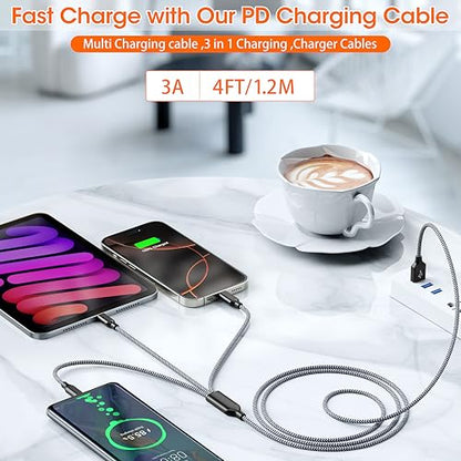 Multi Charging Cable,USB Universal 3 in 1 Charger,2Pack 4ft Car Cord - color: Grey/Black-4FT-2Pack