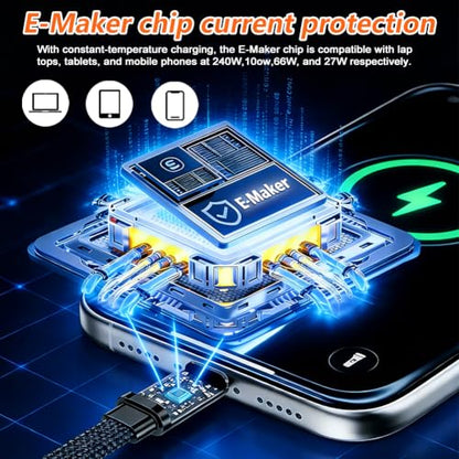 2PCS Sideways Phone Charger with 5PCS Silicone Cable Ties, 240W Invisible Stand Charging Cable with 360° Adjustable Metal Stand，Fast Charging Cord with Built-in Phone Stand for Smartphones Tablets
