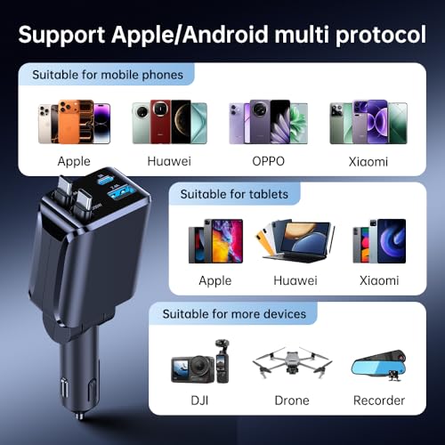 Retractable Car Charger, Car Phone Charger with Cables Fast Charging, USB C Car Charger Adapter for iPhone 17 16 15 14 13 12, Samsung