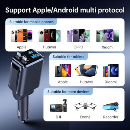 Retractable Car Charger, Car Phone Charger with Cables Fast Charging, USB C Car Charger Adapter for iPhone 17 16 15 14 13 12, Samsung