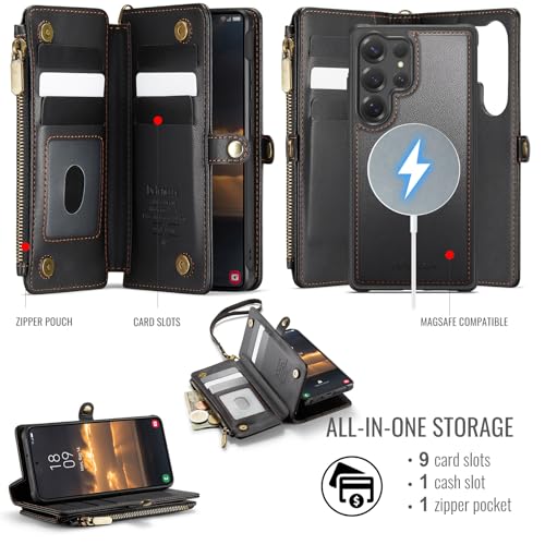 Defencase for Galaxy S23 Ultra Case Wallet Compatible with Magsafe, Black | Magnetic Detachable, RFID Bolcking Card Holder, Zipper Strap, PU Leather Drop-Proof Phone Cover for Samsung Galaxy S23 Ultra - color: (Detachable with Magsafe)-Black