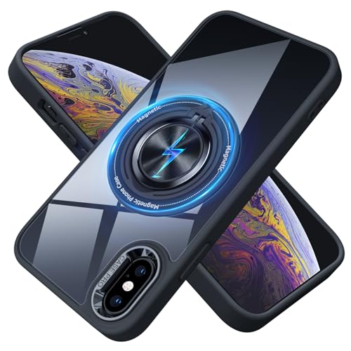 for iPhone Xs Case and iPhone X Case Compatible with Magnetic | With Ring Holder,Transparent Hard PC,Rotated Ring Holder Kickstand Phone Case 5.8in,Black JUS12-37 - color: Black