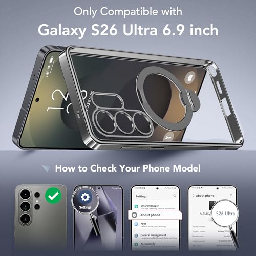 Magnetic for Samsung Galaxy S26 Ultra Case with 360° Spin Stand,[Compatible with MagSafe][Military Drop Protection] Shockproof Phone Cover for AI Galaxy S26 Ultra with Kickstand(Black/Clear) - color: Black/Clear