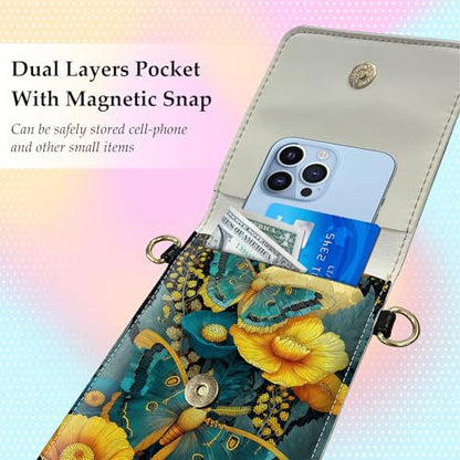 Small Crossbody Bags for Women Touchscreen Cell Phone Bag Cross Body Purses with adjustable Strap,Gifts For Teenage Girls-Teal Yellow Butterflies Art