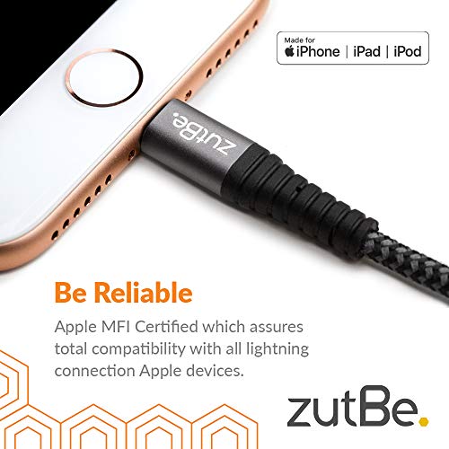 zutBe Shield USB-A to Lightning Silver&Black MFi Certified Lightning Cable, Reinforced Braided Kevlar Charger Compatible with All iPhone 12, SE, 11, X, 8, 7, 6, iPad, iPod (3 Ft) - size: 3 foot