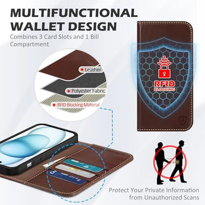 SHIELDON Genuine Leather Wallet Case for iPhone 15 6.1" 2023, Retro Coffee | RFID Blocking, Credit Card Holder, Magnetic Closure, Kickstand, Folio Design, Shockproof Phone Cover - color: Retro Coffee