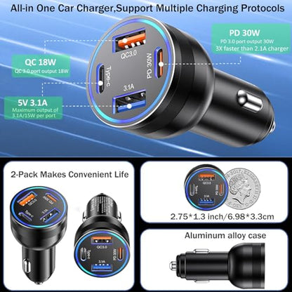 65W USB C Car Charger, 4-Port Cigarette Lighter Adapter PD30W Fast Charging - color: Black, size: 2 Pack