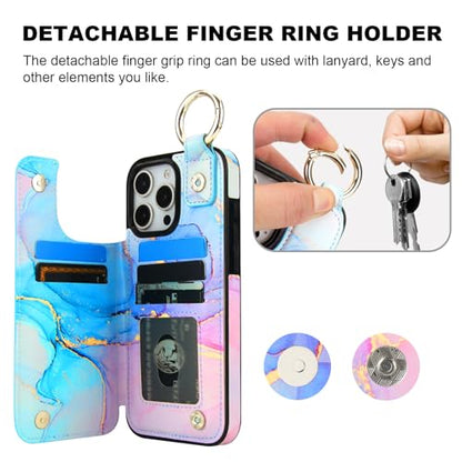 HAOPINSH for iPhone 16 Pro Max Wallet Case with Card Holder, Pink Blue Marble Print Back Flip Folio PU Leather Kickstand Card Slots Case, Finger Grip Ring Double Magnetic Clasp Shockproof 6.9" - color: Pink Blue Marble Grip Ring