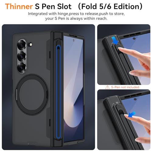 Upgraded 360° Spin Magnetic Invisible Ring Stand for Samsung Galaxy Z Fold 6 Case,[Compatible with MagSafe][S Pen Holder][Hinge Protection][Screen Protector],Shockproof Full Body Phone Cover (Black) - color: Black