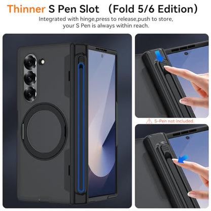 Upgraded 360° Spin Magnetic Invisible Ring Stand for Samsung Galaxy Z Fold 6 Case,[Compatible with MagSafe][S Pen Holder][Hinge Protection][Screen Protector],Shockproof Full Body Phone Cover (Black) - color: Black