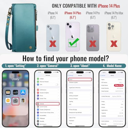 Defencase for iPhone 14 Plus Wallet Case with RFID Card Holder, Blue Green | Durable Soft PU Leather, with Zipper Pocket, Wrist Strap, Fashion Snap Flip Phone Cases Cover with Stand for Women and Men - color: Blue Green