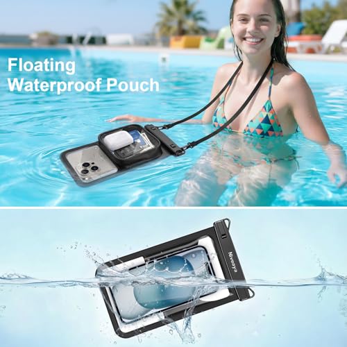 Niveaya [Floatable Floating Waterproof Phone Pouch 2 Pack-Up to 8.5", Large Space Adjustable Neck Lanyard Waterproof Phone Case, Phone Dry Bags for Vacation Beach Pool Kayak Cruise Travel Essentials - color: Black + Black