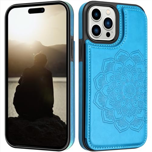 MMHUO iPhone 15 Pro Case with Card Holder, Magnetic Back Flip Wallet Case for Women, Protective Blue - color: Blue, size: Iphone 15 Pro 6.1"-(S)(Three Cameras)