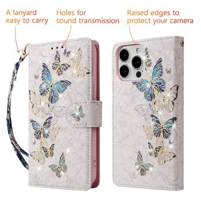 UEEBAI Wallet Case for iPhone 13 Pro Max, PU Leather Phone Cover Kickstand RFID Blocking Flip Case Card Slots Wrist Strap Relief Engraved Pattern Magnetic Closure Flower Folio Wallet, Blue Butterfly - color: Blue Butterfly, size: iPhone 13 Pro Max