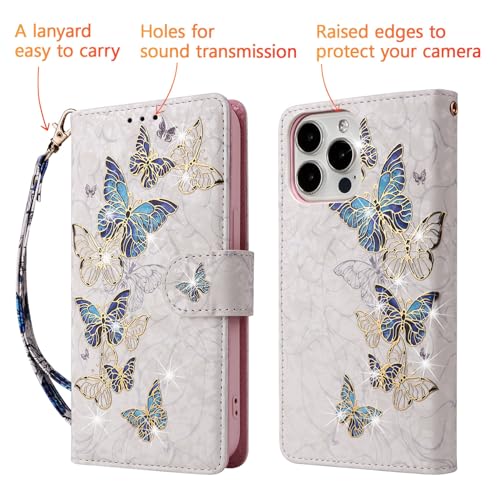 UEEBAI Wallet Case for iPhone 14 Pro, PU Leather Phone Cover Kickstand RFID Blocking Flip Case Card Slots Wrist Strap Relief Engraved Pattern Magnetic Closure Flower Folio Wallet, Blue Butterfly - color: Blue Butterfly, size: iPhone 14 Pro