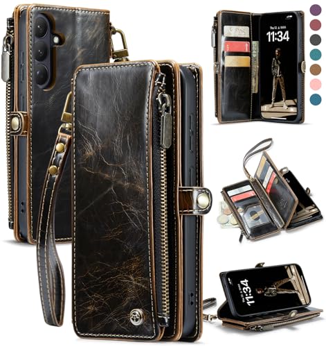 Defencase for Samsung Galaxy S26 Wallet Case with RFID Card Holder, Coffee | Durable Soft PU Leather, with Zipper Pocket, Wrist Strap, Fashion Snap Flip S26 Phone Cases Cover with Stand for Women Men - color: Coffee