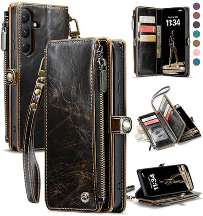 Defencase for Samsung Galaxy S26 Wallet Case with RFID Card Holder, Coffee | Durable Soft PU Leather, with Zipper Pocket, Wrist Strap, Fashion Snap Flip S26 Phone Cases Cover with Stand for Women Men - color: Coffee