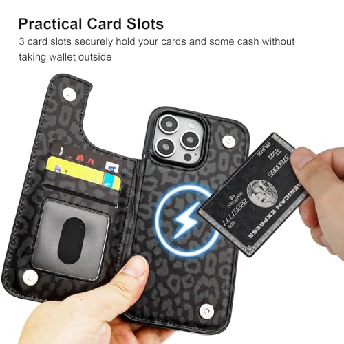 HAOPINSH for iPhone 16 Pro Max Case Wallet Compatible with MagSafe Wireless Charging, Black Leopard Cheetah Pattern Back Flip Folio Leather Kickstand Card Slots Case Double Magnetic Clasp Cover 6.9" - color: Black Leopard for MagSafe