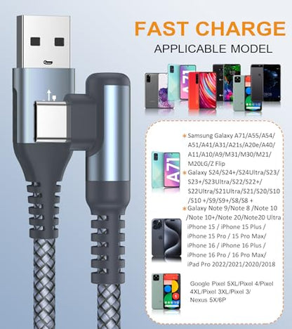 USB to USB C Cable Right Angle 3.1A Fast Charging Carplay 2-Pack 15ft Grey - color: grey, size: 15ft+15ft