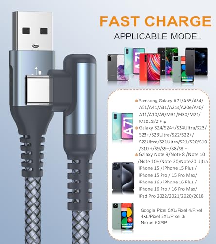 USB to USB C Cable Right Angle 3.1A Fast Charging Carplay 2-Pack 6.6ft 20ft - color: grey, size: 20ft+6.6ft