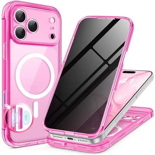 BERFY for iPhone 17 Pro Max Case, Compatible with MagSafe, Built-in Privacy Screen Protector, Camera Protection, Shockproof Full Body Phone Case 6.9", Clear Bright Pink - color: Bright Pink, size: For Iphone 17 Pro Max 6.9 Inch