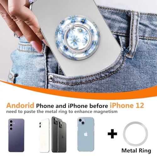 Magnetic Phone Ring Holder for MagSafe,360 Degree Rotation Magnet Cell Phone Grip Blue Daisy Design Stand Finger Ring Kickstand for Smartphone