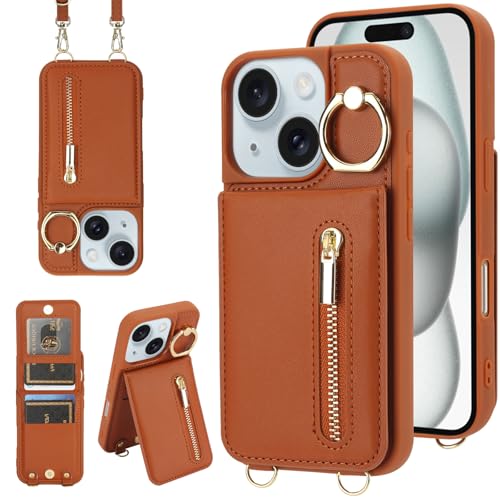 Crossbody Wallet Case for iPhone 11, with Card Slots Zipper Pocket Case, Flip Folio Purse RFID Blocking with Ring Kickstand Detachable Strap-Brown - color: Brown, size: iPhone 11(6.1")