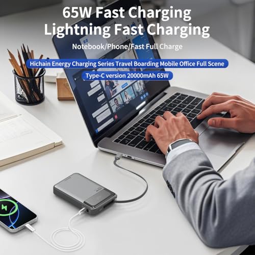 Hichain Laptop Power Bank 65W 20000mAh with Built-in USB-C Cable - color: Black