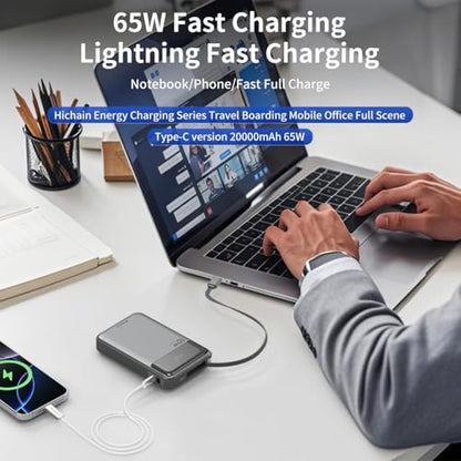 Hichain Laptop Power Bank 65W 20000mAh with Built-in USB-C Cable - color: Black