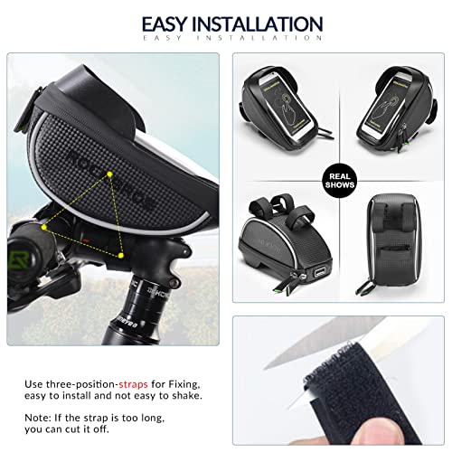 ROCKBROS Bike Phone Mount Bag, Waterproof Handlebar Bag for Cycling | Water-resistant Phone Bag Fits Phones Up to 6.5", with Touch Screen Access, Storage Space and Reflective Strips for Cycling - color: black