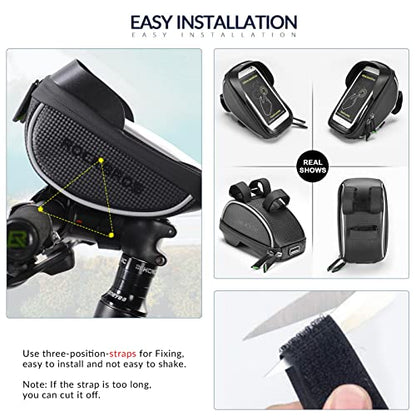 ROCKBROS Bike Phone Mount Bag, Waterproof Handlebar Bag for Cycling | Water-resistant Phone Bag Fits Phones Up to 6.5", with Touch Screen Access, Storage Space and Reflective Strips for Cycling - color: black