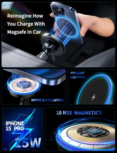 Mag Safe Car Mount Charger, 3 in 1 [LED RGB HandsFree] Wireless Car Charger