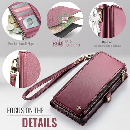 Defencase for Samsung Galaxy A36 5G Wallet Case with Card Holder, Wine Red | RFID Blocking, Zipper Pocket, Durable PU Leather, Wrist Strap, Fashion Snap Flip Phone Cases Cover with Stand for Women Men - color: Wine Red