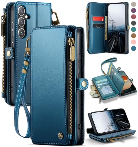 Defencase for Samsung Galaxy S25 Wallet Case with RFID Card Holder, Blue | Durable Soft PU Leather, with Zipper Pocket, Wrist Strap, Fashion Snap Flip S25 Phone Cases Cover with Stand for Women Men - color: Dark Blue