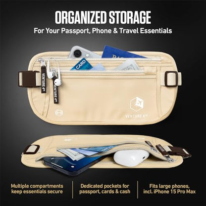 VENTURE 4TH Travel Money Belt, RFID Blocking Passport Holder - Beige - color: Beige