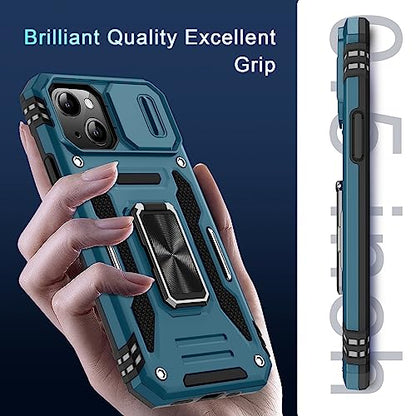 DEERLAMN Case for iPhone 13/iPhone 14 6.1-Inch with Slide Camera Cover+Screen Protector(2 Packs),Rotated Ring Kickstand Military Grade Shockproof Protective Cover-Light Blue - color: Light Blue