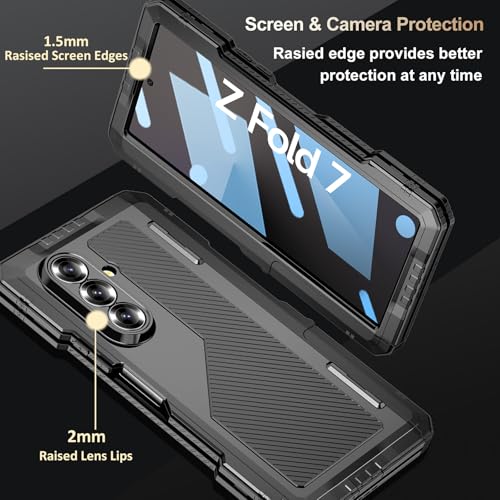 Rugged Armor Case for Samsung Galaxy Z Fold 7 5G, Military Grade Shockproof Protective with Kickstand, Built-in Screen Protector, Metal Bumper & Full Hinge Protection Cover, Black - color: Black