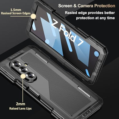 Rugged Armor Case for Samsung Galaxy Z Fold 7 5G, Military Grade Shockproof Protective with Kickstand, Built-in Screen Protector, Metal Bumper & Full Hinge Protection Cover, Black - color: Black