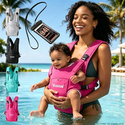 Yosoai Premium Neoprene Water Baby Carrier, Safer Wider 50mm Strap & 60mm Slide Lock Buckle, Ergonomic X+H Back Support, Quick Dry Land & Water Baby Carrier with Waterproof Phone Pouch - color: Hot Pink