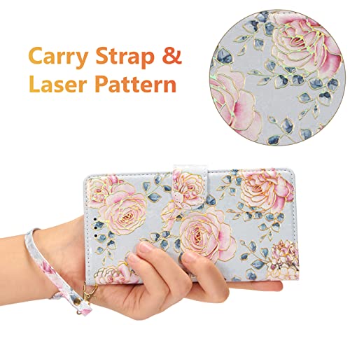 UEEBAI Wallet Case for iPhone 13, PU Leather Phone Cover Kickstand RFID Blocking Flip Case Card Slots Wrist Strap Relief Engraved Pattern Magnetic Closure Flower Folio Wallet, Purple Rose - color: Purple Rose, size: iPhone 13