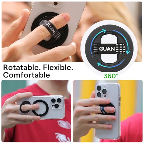 GUAN for MagSafe Phone Grip Magnetic Kickstand Compatible with Mag Safe Finger Loop Ultra Thin Finger Ring Holder, 3-in-1 Compatible for iPhone17/16/15/14/13/12 (Replacement Strap)-Black - color: Black