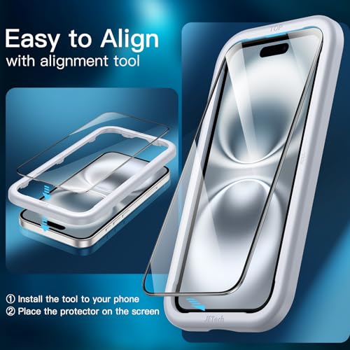 JETech Full-Coverage Screen Protector for iPhone 16, 3-Pack | Black Edge Tempered Glass, Easy Installation Tool, HD Clear, Case-Friendly - size: iPhone 16