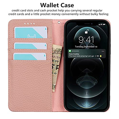 iCoverCase Compatible with iPhone 13 Pro Wallet Case with Credit Card Holder and Wrist Strap, RFID Blocking Genuine Leather Flip Magnetic Phone Cover 6.1 Inch (Pink) - color: 1-Pink (No Headphone Storage Belt), size: iPhone 13 Pro