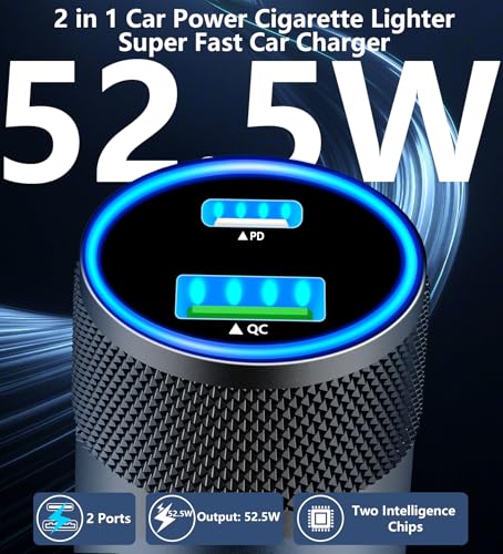 Apple MFi Certified iPhone Car Charger, 52.5W PD/QC3.0 USB-C Car Charger - color: Charcoal Black