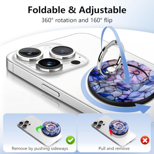 Magnetic Phone Ring Holder with MagSafe, 360° Rotation Super Magnet Finger Grip Removable Kickstand, Cute Stained Glass Floral Designed Stand for iPhone 17 16 15 14 13 12 Pro Max Plus, Purple Flower - color: Purple Flower