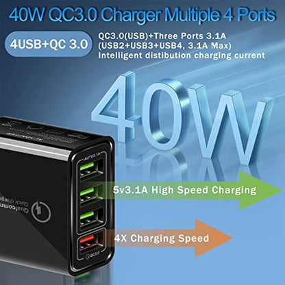 USB Charger 40W QC3.0 USB Wall Charger, 5V/3.1A 4 Port Fast Charger Block - color: (4*USB)Black