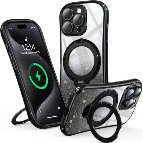Reukdnv 360° Spin Magnetic Stand for iPhone 15 Pro Max Case [DIY Glitter Cardstock] [Full Camera Protection] [Fit for MagSafe] Shockproof Plating Glitter Bling TPU Cover for Women Girls 6.7", Black - color: Black Glitter, size: iPhone 15 Pro Max