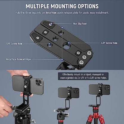 NEEWER Phone Tripod Mount with Cold Shoes, Metal Smartphone Tripod Adapter Compatible with iPhone, Multi Angle Tri Fold Cell Phone Holder, Handheld Phone Grip for Streaming Vlog SP-04