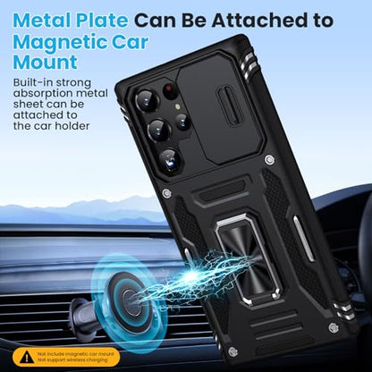 for Samsung Galaxy S22 Ultra Case with 2 PCS HD Screen Protector, Military Grade Drop Protection Metal 360 ° Rotating Ring Kickstand Slide Camera Cover, Shockproof for Galaxy S22 Ultra Case, Black | 2 PCS HD Screen Protector, Magnetic Metal 360 ° Rotating